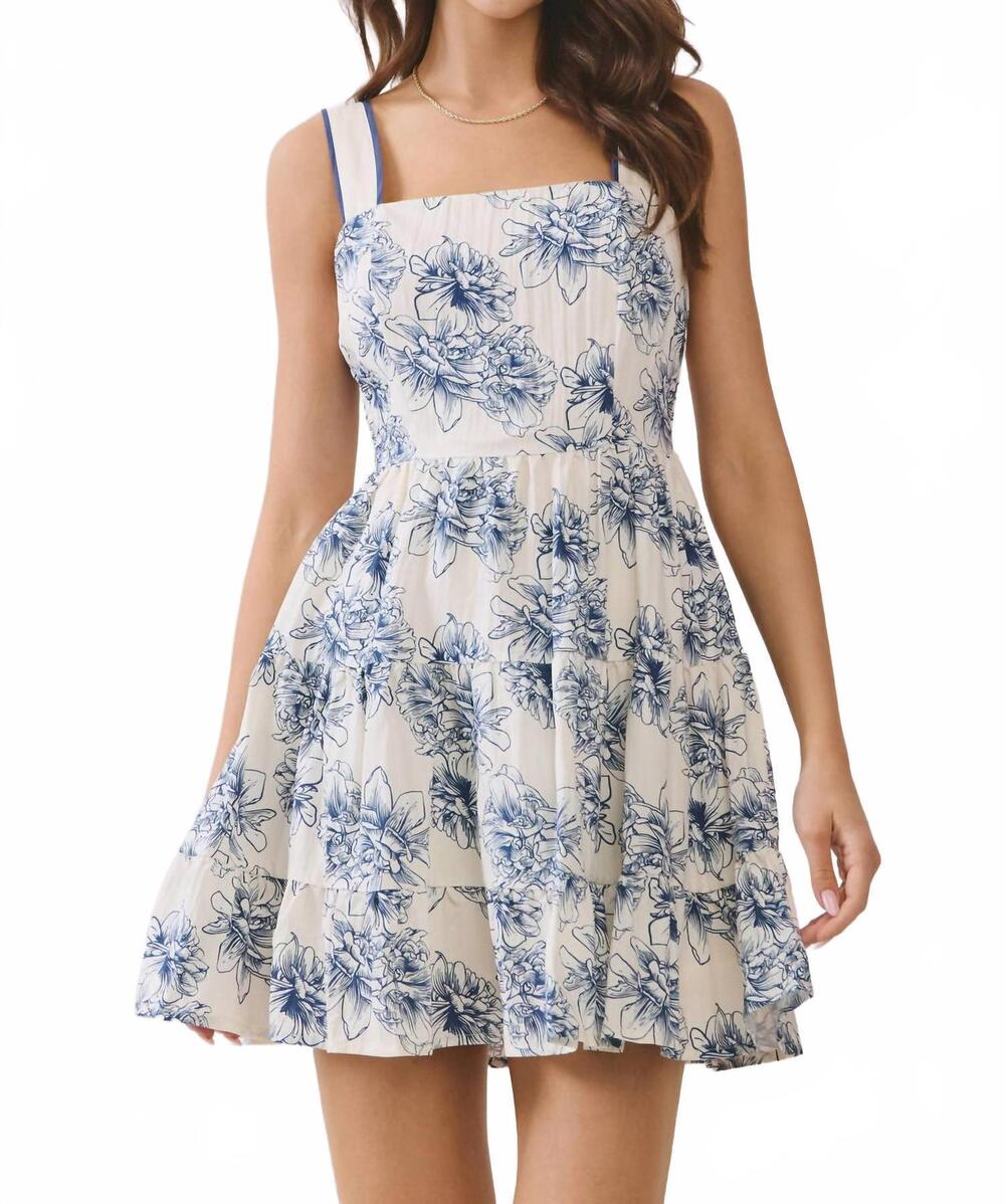 NEW TCEC floral print wide strap fit and flare dress in ivory/navy